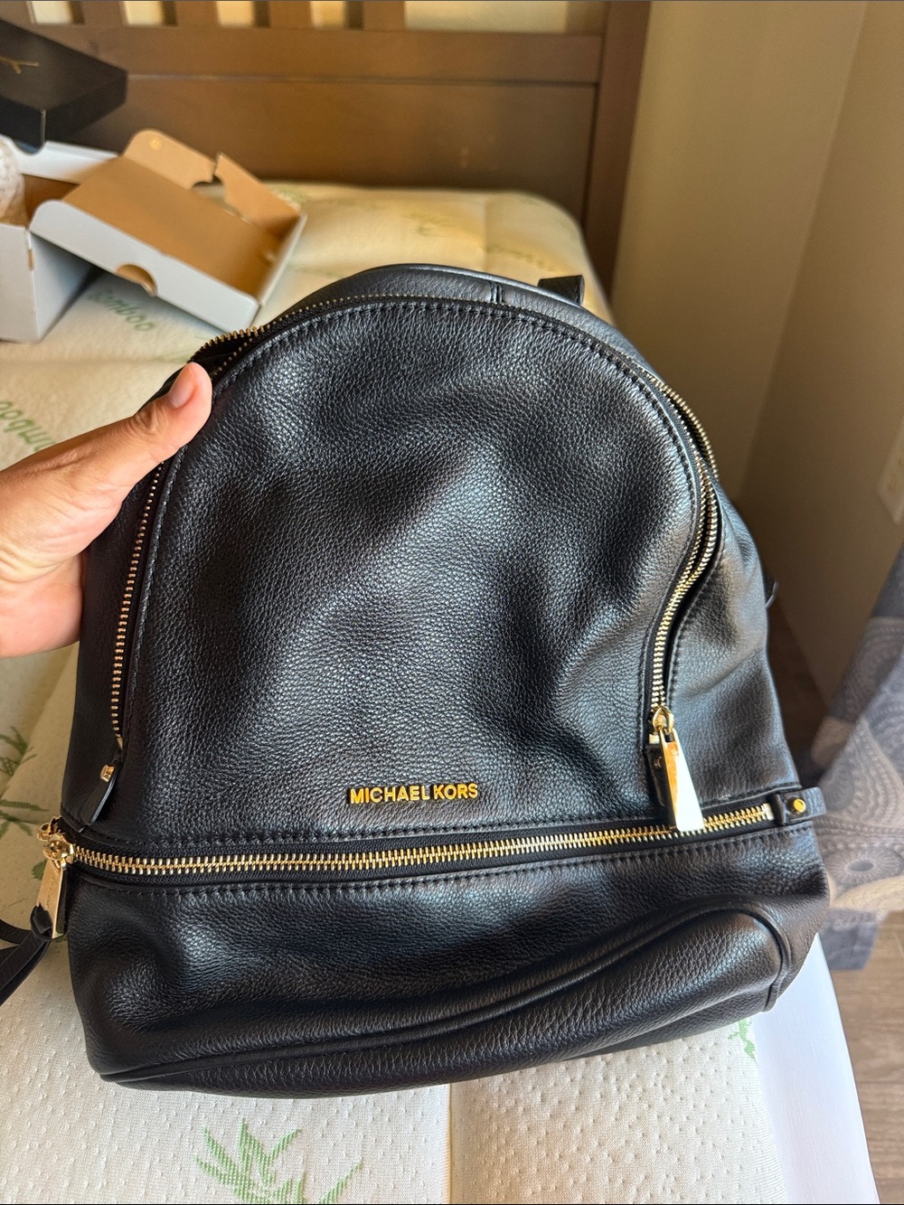 Michael Kors Black Leather Backpack with Gold Accents